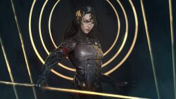  1girl absurdres android black_hair cyberpunk dark_background facial_mark falke_(signalis) forehead_mark halo highres holding holding_polearm holding_weapon laurel_crown long_hair mechanical_arms nictanova polearm science_fiction sierpinski_triangle signalis solo spear weapon 