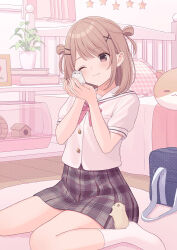  1girl ;) animal bed bob_cut book bow bowtie brown_eyes closed_mouth collared_shirt commentary_request full_body grey_skirt hair_ornament hairclip hamster holding holding_animal indoors light_blush light_brown_hair medium_hair miniskirt no_shoes on_floor one_eye_closed original pillow pink_bow pink_bowtie plaid_clothes plaid_skirt plant pleated_skirt potted_plant rug school_uniform second-party_source serafuku shiromikan shirt short_sleeves sitting skirt smile socks solo star_(symbol) swept_bangs variant_set wariza white_shirt white_socks x_hair_ornament 