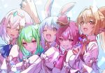  5girls :3 :d ;d ^_^ ^o^ animal_ear_fluff animal_ears arm_up arrow_through_heart ascot asymmetrical_hair blonde_hair blue_neckwear blush braid breasts bunny-shaped_pupils closed_eyes closed_mouth collared_dress commentary detached_sleeves double_bun dress eyebrows_visible_through_hair french_braid green_hair green_neckwear grin hair_between_eyes hair_ornament hat heterochromia highres hololive hololive_fantasy houshou_marine idol light_blue_hair lineup long_hair looking_at_viewer medium_breasts medium_hair mini_hat multiple_girls official_alternate_costume one_eye_closed open_mouth orange_neckwear pointy_ears rabbit_ears red_eyes red_neckwear redhead shiranui_flare shirogane_noel short_hair shuri_(84k) silver_hair single_braid smile symbol-shaped_pupils thick_eyebrows tiara twintails upper_body uruha_rushia usada_pekora v v-shaped_eyebrows virtual_youtuber white_dress wing_collar yellow_eyes 