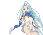  1girl :d blue_eyes blue_hair dress earmuffs granblue_fantasy long_hair looking_at_viewer lyria_(granblue_fantasy) oni_b open_mouth panties scarf simple_background smile solo underwear white_background 