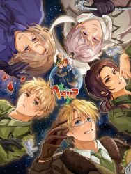  6+boys ahoge america_(hetalia) arm_up axis_powers_hetalia black_footwear black_gloves black_hair black_necktie black_shirt blonde_hair blue_eyes blue_jacket blue_pants blunt_ends blush boots brown_eyes brown_gloves brown_hair brown_jacket burger capelet china_(hetalia) closed_mouth coat collared_capelet collared_jacket collared_shirt cross earth_(planet) en_llll food france_(hetalia) fur-trimmed_jacket fur_trim germany_(hetalia) glasses gloves green_eyes green_jacket green_necktie green_pants green_shirt grey_coat grey_hair hair_between_eyes hand_up highres holding holding_lead_pipe holding_sword holding_weapon iron_cross jacket japan_(hetalia) katana lapels lead_pipe light_brown_hair long_hair long_sleeves looking_at_viewer looking_up lying male_focus military_jacket multiple_boys necktie northern_italy_(hetalia) on_back open_clothes open_jacket open_mouth orange_eyes orange_hair pants petals planet ponytail purple_capelet purple_gloves russia_(hetalia) scarf semi-rimless_eyewear shirt shoes short_hair sky smile space standing star_(sky) star_(symbol) star_print starry_sky sword teeth united_kingdom_(hetalia) violet_eyes weapon white-framed_eyewear white_jacket white_pants white_scarf white_shirt 