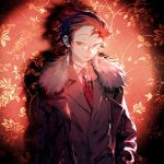  1boy bespectacled black_jacket collared_shirt earrings fishcoooo formal fur-trimmed_jacket fur_trim glasses highres jacket jewelry kamado_tanjirou kimetsu_no_yaiba long_sleeves looking_at_viewer male_focus necktie patterned_background pince-nez red_background red_eyes red_necktie red_theme redhead scar scar_on_face scar_on_forehead shirt short_hair solo suit upper_body 
