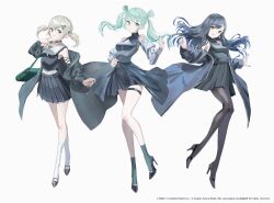  3girls aqua_eyes aqua_hair aqua_nails aqua_socks armpits azusawa_kohane bag bare_legs bare_shoulders black_choker black_hair black_jacket black_shirt black_skirt blue_coat blue_eyes blue_nails breasts brown_eyes choker coat colorful_palette commentary_request crypton_future_media double_bun earrings full_body gradient_hair green_bag guest_art hair_between_eyes hair_bun hair_ornament hairclip hatsune_miku high_heels highres jacket jewelry lace_sleeves light_brown_hair long_hair looking_at_viewer medium_hair miniskirt multicolored_hair multiple_girls necklace official_art open_clothes open_jacket orange_eyes overskirt pantyhose piapro pleated_skirt project_sekai see-through_clothes see-through_sleeves sega shiraishi_an shirt shoulder_bag single_earring skirt sleeveless sleeveless_shirt small_breasts socks star_(symbol) star_hair_ornament swav swept_bangs thigh_strap twintails vivid_bad_squad_miku vocaloid white_socks zipper 