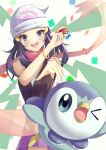  1girl :d absurdres beanie blue_eyes blush bracelet commentary_request eyebrows_visible_through_hat eyelashes floating_scarf hands_up hat highres hikari_(pokemon) holding holding_poke_ball jewelry looking_at_viewer open_mouth piplup pointing poke_ball poke_ball_(basic) pokemon pokemon_(creature) pokemon_(game) pokemon_dppt poketch purple_skirt scarf shirt skirt sleeveless sleeveless_shirt smile teeth tongue upper_teeth watch watch white_headwear yoyon_b 