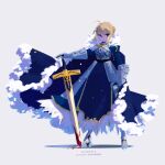  1girl ahoge aiguillette armor armored_boots artoria_pendragon_(fate) blonde_hair blood blood_on_face blue_cape boots breastplate cape character_name closed_mouth commentary_request dated fate/grand_order fate_(series) full_body fur-trimmed_cape fur_trim gauntlets grey_background highres looking_at_viewer marina_(mrn9) saber sidelocks simple_background solo standing sword tied_hair weapon 