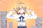  1girl ahoge artoria_pendragon_(fate) bangs blonde_hair blouse breasts eyebrows_behind_hair eyebrows_visible_through_hair fate/grand_order fate/stay_night fate_(series) food food_on_face hair_between_eyes hair_ribbon highres looing looking_at_viewer one_eye_closed plate ribbon rice saber sei_shounagon_(fate) short_hair sii_artatm smile solo victory_pose 