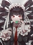 1girl bangs black_hair black_nails bonnet celestia_ludenberg center_frills claw_ring collared_shirt danganronpa:_trigger_happy_havoc danganronpa_(series) drill_hair eyebrows_visible_through_hair frilled_jacket frills gothic_lolita hands_up highres jacket kitsunebi_v3kokonn lolita_fashion long_hair long_sleeves looking_at_viewer nail_polish necktie open_clothes open_jacket red_eyes red_necktie shirt simple_background smile solo symbol-only_commentary tongue tongue_out twin_drills twintails 