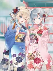  1girl ;d arrow_(projectile) blue_eyes blue_kimono blurry blurry_background closed_mouth commentary_request depth_of_field ema floral_print grey_hair hair_bun hamaya holding holding_arrow japanese_clothes kimono light_brown_hair midorikawa_you obi one_eye_closed original pink_kimono print_kimono sash side_ponytail single_side_bun smile solo twitter_username 