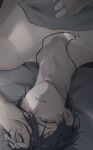  1boy bangs bed bed_sheet from_above highres jewelry looking_at_viewer lyncuu marius_von_hagen_(tears_of_themis) necklace one_eye_closed open_mouth purple_hair short_hair solo tears_of_themis teeth violet_eyes 
