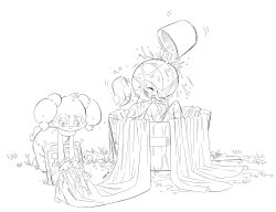  absurdres bath bathing bucket closed_eyes gardevoir grass highres indeedee indeedee_(female) lineart pokemon pokemon_(creature) psychic signature simple_background smile soap superiordutchsauce water wet 