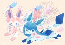  absurdres animal_focus blue_eyes blue_hair bow closed_mouth commentary fang glaceon heart highres maaari_pkmn no_humans pink_bow pink_ribbon pokemon pokemon_(creature) prehensile_ribbon ribbon running sidelocks simple_background smile star_(symbol) sylveon 