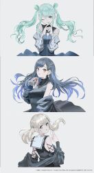  3girls aqua_eyes aqua_hair aqua_nails azusawa_kohane bare_shoulders black_hair black_jacket black_shirt blue_hair blue_nails breasts brown_eyes chain chain_necklace colorful_palette commentary_request crypton_future_media double_bun earrings from_behind gradient_hair guest_art hair_bun hair_ornament hairclip hand_up hands_up hatsune_miku highres jacket jewelry lace light_brown_hair long_sleeves looking_at_viewer looking_back multicolored_hair multiple_girls necklace official_art one_eye_closed open_clothes open_jacket piapro project_sekai sega shiraishi_an shirt sidelocks simple_background single_earring sleeveless sleeveless_shirt small_breasts smile star_(symbol) star_hair_ornament swav teikoku_shoujo_(vocaloid) twintails vivid_bad_squad_miku vocaloid zipper 