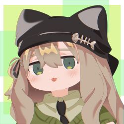  1girl :3 absurdres animal_ear_headwear animal_ears animal_hat beanie black_hat black_necktie blush border brown_hair cat_hat collared_shirt fake_animal_ears fish_bone fish_bone_print green_background green_eyes green_shirt green_sweater hair_between_eyes hair_ornament hairclip hat highres kipfel_(vrchat) light_brown_hair long_hair looking_at_viewer mochiyama_kingyo necktie o_mifuna_o portrait shirt smile solo sweater thick_eyebrows tongue tongue_out vrchat 