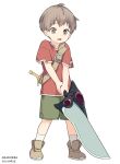  1boy arakokra brown_eyes brown_hair child commentary eyebrows_visible_through_hair fantasy heavy highres hilt looking_down male_focus original red_shirt shirt shorts socks solo solo_focus sword weapon white_background 