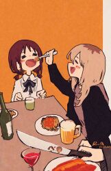  3girls =_= absurdres beer_mug black_jacket blue_ribbon blush closed_eyes commentary cup dated eating ebizuka_tomo english_commentary feeding girls_band_cry grey_hoodie highres holding holding_knife hood hood_down hoodie iseri_nina jacket kawaragi_momoka knife light_brown_hair long_hair low_twintails mug multicolored_hair multiple_girls neck_ribbon open_clothes open_jacket open_mouth redhead ribbon rnna roots_(hair) rupa_(girls_band_cry) shirt short_hair short_twintails signature spaghetti_strap twintails white_shirt 