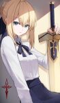  1girl absurdres artoria_pendragon_(fate) blonde_hair blue_eyes blue_ribbon blue_skirt braid command_spell excalibur_(fate/stay_night) expressionless eyebrows_visible_through_hair fate/grand_order fate/stay_night fate_(series) french_braid gnns hair_bun hair_ribbon high-waist_skirt highres holding holding_sword holding_weapon looking_at_viewer neck_ribbon ribbon saber shirt skirt solo sword weapon white_shirt 