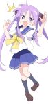  1girl ^^^ blue_skirt brown_ribbon full_body hair_ribbon hiiragi_kagami ixy long_hair looking_at_viewer lucky_star open_mouth purple_hair ribbon simple_background skirt solo thighs twintails violet_eyes white_background 