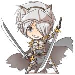  1boy armor armored_boots bangs boots breastplate cape chainmail chibi commentary_request cross dual_wielding full_body gauntlets grey_cape grey_hair grin hair_between_eyes holding holding_sword holding_weapon katana leg_armor looking_at_viewer male_focus natsuya_(kuttuki) pauldrons ragnarok_online reverse_grip rune_knight_(ragnarok_online) short_hair shoulder_armor simple_background smile solo spiked_pauldrons standing sword tabard torn_cape torn_clothes visor_(armor) weapon white_background white_hair 