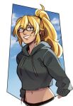 1girl blonde_hair commentary cropped_hoodie english_commentary eyebrows_visible_through_hair eyes_visible_through_hair glasses hood hood_down hoodie long_hair looking_at_viewer naitourse navel parted_lips ponytail rwby solo teeth upper_body violet_eyes yang_xiao_long 