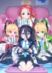  4girls :d :o arisu_(blue_archive) bangs black_hair black_legwear black_skirt blonde_hair blue_archive blue_bow blue_eyes blue_necktie blush bow braid clenched_hands closed_mouth collared_shirt commentary_request couch dress_shirt eyebrows_visible_through_hair forehead green_eyes hair_between_eyes hair_bow halo hands_up harada_(sansei_rain) highres hood hood_down hooded_jacket indoors jacket long_hair midori_(blue_archive) momoi_(blue_archive) multiple_girls necktie no_shoes notice_lines off_shoulder one_side_up open_clothes open_jacket parted_bangs parted_lips pleated_skirt pointing red_bow red_eyes redhead ribbed_legwear shirt sitting skirt smile socks thigh-highs v-shaped_eyebrows very_long_hair wariza wavy_mouth white_jacket white_shirt wide_sleeves yuzu_(blue_archive) 