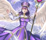  1girl :d angel_wings breasts closed_eyes commentary_request dress eremiya fire_emblem fire_emblem:_new_mystery_of_the_emblem fire_emblem_heroes hat highres holding holding_staff kakiko210 long_dress medium_breasts medium_hair purple_dress purple_hair purple_headwear smile solo staff white_feathers white_veil white_wings wings 