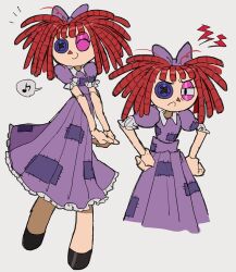  1girl ^_^ black_eyes black_footwear bow closed_eyes closed_mouth collared_dress commentary cropped_torso dress english_commentary frilled_dress frilled_sleeves frills frown full_body grey_background hair_bow hands_on_own_hips highres jwnn medium_hair multiple_views musical_note own_hands_together puffy_short_sleeves puffy_sleeves purple_bow purple_dress ragatha_(the_amazing_digital_circus) redhead short_sleeves simple_background smile spoken_musical_note the_amazing_digital_circus triangle_nose v-shaped_eyebrows 