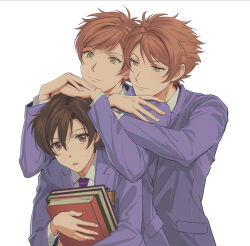  1girl 2boys androgynous annoyed blazer book brothers brown_eyes brown_hair collared_shirt fujioka_haruhi hands_on_another&#039;s_head heads_together height_difference hitachiin_hikaru hitachiin_kaoru holding holding_book hug hug_from_behind jacket lapels leaning_forward light_smile long_sleeves looking_at_another multiple_boys necktie notched_lapels ouran_high_school_host_club ouran_high_school_uniform purple_jacket purple_necktie reverse_trap school_uniform shirt short_hair siblings simple_background sophie_(693432) sweatdrop twins upper_body white_background white_shirt yellow_eyes 