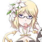  1girl arch_bishop_(ragnarok_online) bangs black-framed_eyewear black_dress blonde_hair cleavage_cutout closed_mouth clothing_cutout commentary_request cross dress eyebrows_visible_through_hair flower glasses hair_flower hair_ornament hand_in_hair heart heart_in_mouth juliet_sleeves long_sleeves looking_at_viewer mouth_hold natsuya_(kuttuki) puffy_sleeves ragnarok_online rectangular_eyewear semi-rimless_eyewear short_hair simple_background smile solo two-tone_dress under-rim_eyewear upper_body violet_eyes white_background white_dress white_flower 