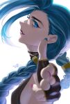  1girl arcane:_league_of_legends asymmetrical_bangs bangs blue_eyes blue_hair braid breasts cheng_(zi74438982) dated finger_gun fingerless_gloves foreshortening from_side gloves highres jinx_(league_of_legends) league_of_legends long_hair medium_breasts nail_polish parted_lips pink_nails signature simple_background smile solo teeth twin_braids white_background 