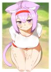  1girl absurdres ahoge animal_ear_fluff animal_ears bangs bare_legs between_legs blush breasts buruma cat_ears cat_girl cat_tail closed_mouth collarbone commentary_request dirty dirty_face eyebrows_visible_through_hair from_above full_body hair_between_eyes hairband hand_between_legs hand_on_own_thigh highres hololive large_breasts nekomata_okayu purple_hair red_buruma red_hairband shirousagi_(sirousagi0501) shirt short_hair sitting solo sweat tail violet_eyes virtual_youtuber wariza white_shirt 