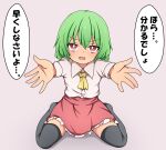 1girl absurdres ascot collared_shirt commentary_request full_body green_hair highres kazami_yuuka medium_hair meme my_little_pogchamp_(meme) no_shoes reaching_out red_eyes red_skirt shirt sitting skirt solo suwaneko thigh-highs touhou translation_request wariza younger 