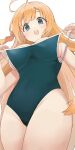  1girl blonde_hair blue_eyes blue_swimsuit braid breasts clothes_pull from_below highres hiroki_(yyqw7151) large_breasts long_hair one-piece_swimsuit open_mouth pecorine_(princess_connect!) princess_connect! pulled_by_self school_swimsuit standing swimsuit swimsuit_pull 