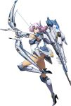  1girl armored_boots arrow_(projectile) blue_eyes boots bow_(weapon) closed_mouth floating_hair full_body gauntlets hair_intakes high_heel_boots high_heels highres holding holding_arrow holding_bow_(weapon) holding_weapon langrisser leotard medium_hair narm_(langrisser) official_art pink_hair solo transparent_background weapon white_leotard 