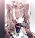  1girl ^^^ animal_ear_fluff animal_ears animal_on_head bangs black_sailor_collar blush brown_hair cat cat_ears commentary_request from_behind highres long_hair looking_at_viewer looking_back miyu_(miy_u1308) multicolored_hair on_head original parted_lips sailor_collar shirt sketch solo streaked_hair sweat upper_body violet_eyes white_hair white_shirt 