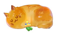  1other animal animalization bread cat crossed_arms curled_up food full_body highres himochuu leaning_back oversized_animal painterly player_character_(roblox) roblox simple_background sitting smile uwu white_background 