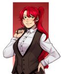  1girl breasts commentary ear_piercing english_commentary eyebrows_visible_through_hair formal green_eyes hand_on_hip large_breasts long_hair long_sleeves looking_at_viewer naitourse parted_lips piercing ponytail pyrrha_nikos redhead rwby smile solo suit teeth 