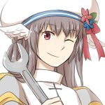  1girl bangs blue_flower bow brown_hair closed_mouth commentary_request cross dress eyebrows_visible_through_hair flower grey_dress hat hat_bow head_wings high_priest_(ragnarok_online) holding holding_wrench long_hair looking_at_viewer natsuya_(kuttuki) one_eye_closed ragnarok_online red_bow red_eyes red_flower simple_background smile solo two-tone_dress upper_body white_background white_dress white_headwear white_wings wings wrench 