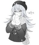  1girl absurdres ahoge beret casual coat counter_side covering_mouth cropped_torso duffel_coat gaeun greyscale hat highres long_hair long_sleeves looking_at_viewer maett mittens monochrome scarf solo 