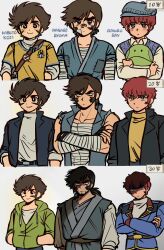  3boys absurdres aged_down amuro_ray angry bandages beard blue_eyes brown_hair char's_counterattack facial_hair getter_robo gundam haro hat highres jacket japanese_clothes justcosmos1 kabuto_kouji looking_at_viewer male_focus mazinger_(series) mazinger_z mazinger_z:_infinity military_uniform mobile_suit_gundam multiple_boys nagare_ryoma new_getter_robo retro_artstyle robot science_fiction shin_getter_robo short_hair smile super_robot_wars zeta_gundam 