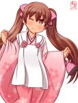  1girl alternate_costume apron artist_logo bag brown_eyes brown_hair commentary_request cowboy_shot dark_skin dated haregi hifu japanese_clothes kanon_(kurogane_knights) kantai_collection kimono libeccio_(kancolle) long_hair looking_at_viewer one-hour_drawing_challenge one_eye_closed pink_kimono satchel simple_background solo twintails white_background 