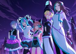  5girls asahi_rokka bang_dream! black_hair black_socks blonde_hair blue_hair city gloves hcq25535058 highres long_hair long_sleeves multiple_girls night night_sky nyubara_reona pink_hair sato_masuki skirt sky smile socks tamade_chiyu wakana_rei 
