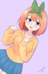  1girl :d bangs blue_eyes blue_skirt blush breasts brown_sweater collarbone commentary dutch_angle eyebrows_behind_hair go-toubun_no_hanayome green_ribbon hair_between_eyes hair_ribbon hands_up highres kujou_karasuma long_sleeves medium_breasts nakano_yotsuba orange_hair pink_background pleated_skirt ribbon signature simple_background skirt sleeves_past_wrists smile solo sweater symbol-only_commentary 