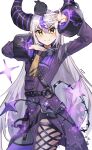  1girl absurdres bird blush braid coat eyebrows_visible_through_hair hair_between_eyes highres hololive holox horns jeze jojo_no_kimyou_na_bouken jojo_pose la+_darknesss long_hair looking_at_viewer multicolored_hair pointy_ears pose purple_hair silver_hair simple_background smile solo streaked_hair virtual_youtuber yellow_eyes 