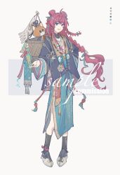  1girl absurdres ahoge animal animal_on_shoulder bad_source beizi_(clothing) black_socks blue_eyes braid chinese_clothes dog double_bun english_text full_body green_eyes hair_bun hair_ornament hand_on_own_hip hanfu highres jewelry long_hair long_sleeves looking_at_viewer low-braided_long_hair low-tied_long_hair necklace open_mouth pearl_necklace redhead ribbon shoes simple_background smile socks solo standing tassel twin_braids very_long_hair white_background wide_sleeves yi1ling0 