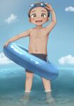  1boy artist_request beach child clouds cloudy_sky commentary dark-skinned_male dark_skin goggles goggles_on_head highres looking_at_viewer male_focus male_swimwear navel ocean open_mouth original outdoors sky solo solo_focus tagme tan 