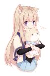  1girl animal_ears bangs blonde_hair blue_eyes blue_skirt cat cat_ears eyebrows_visible_through_hair heterochromia highres huan_jiu hug long_hair long_sleeves original pleated_skirt simple_background skirt upper_body violet_eyes white_background 