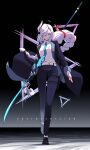  1girl absurdres alternate_costume black_pants blue_eyes business_suit formal full_body genshin_impact hair_over_one_eye highres manzai_sugar pants shenhe_(genshin_impact) suit white_hair 