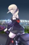  absurdres artoria_pendragon_(fate) back bangs blonde_hair boots eyebrows_behind_hair eyebrows_visible_through_hair fate/grand_order fate_(series) ground_vehicle highres holding holding_sword holding_weapon jacket long_hair looking_at_viewer looking_back motor_vehicle motorcycle night night_sky ponytail riding saber_alter short_hair sii_artatm sky sword weapon yellow_eyes 