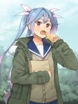  1girl annin_musou bag blue_hair blue_sailor_collar blue_skirt blush buttons cardigan day eyebrows_visible_through_hair fang fingernails flower-shaped_pupils food fur-trimmed_jacket fur_trim green_jacket grey_cardigan hair_between_eyes holding holding_food i-19_(kancolle) jacket kantai_collection long_hair long_sleeves open_clothes open_jacket open_mouth paper_bag pleated_skirt red_eyes sailor_collar school_uniform serafuku skirt solo symbol-shaped_pupils taiyaki tri_tails upper_body wagashi 