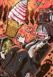  1girl 1other 3boys angel_devil_(chainsaw_man) black_footwear black_hair black_jacket black_necktie black_pants blush brown_hair carrying chainsaw_man collared_shirt food formal_clothes fox_devil_(chainsaw_man) fox_shadow_puppet hair_ornament hairclip halo hansoom_(latebirdwakeup) hayakawa_aki heart heart-shaped_pupils higashiyama_kobeni highres ice_cream jacket looking_at_another looking_at_object looking_up medium_hair multiple_boys necktie open_mouth pants plague_doctor_mask prehensile_tongue princess_carry ringed_eyes shirt shirt_tucked_in short_hair short_ponytail silhouette single_sidelock suit suit_jacket swept_bangs symbol-shaped_pupils tearing_up tongue tongue_out topknot violence_fiend_(chainsaw_man) white_shirt yellow_eyes 